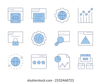 Seo icons. Line Duotone style, editable stroke. backlink, browser, chart, search, view, world, report, localization, rating, gear, error.