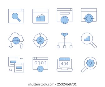 Seo icons. Line Duotone style, editable stroke. search, target, shopping online, seo, web, redirect, ranking factor, cloud, encryption, data analytics.