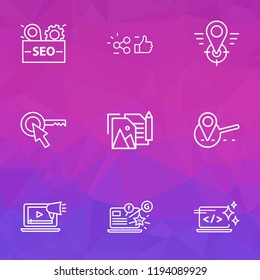 SEO icons line style set with likes with share, target keyword, geo targeting and other application elements. Isolated vector illustration SEO icons.