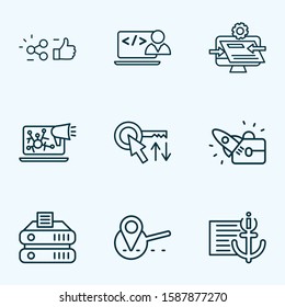 SEO icons line style set with custom coding, sort keywords, website optimization and other navigation elements. Isolated vector illustration SEO icons.