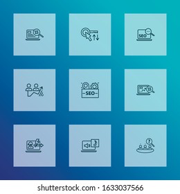 SEO icons line style set with immediate response, search optimization, search content and other assistance elements. Isolated vector illustration SEO icons.