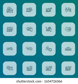 SEO icons line style set with social media campaign, sort keywords, download information and other network elements. Isolated vector illustration SEO icons.