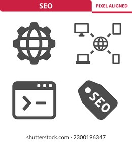 Iconos SEO. Buscador, Internet, Datos, Medios Sociales. Conjunto de iconos de vector profesional y perfecto para píxeles.