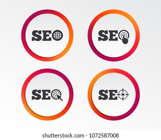 SEO icons. Search Engine Optimization symbols. World globe and mouse or hand cursor pointer signs. Infographic design buttons. Circle templates. Vector