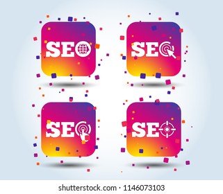 SEO icons. Search Engine Optimization symbols. World globe and mouse or hand cursor pointer signs. Colour gradient square buttons. Flat design concept. Vector