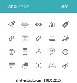 Seo icons set #01 - Part of a series - Iconset with symbol of search engine optimization, web search, internet marketing, keyword ranking. Icon perfect for all uses!