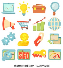 SEO icons set. Cartoon illustration of 16 SEO vector icons for web