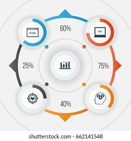 SEO Icons Set. Collection Of Intellectual Process, Keyword Optimisation, Digital Media And Other Elements. Also Includes Symbols Such As Advertising, Optimization, Brain.