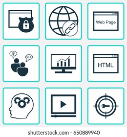 SEO Icons Set. Collection Of Market Research, Coding, Search Optimization And Other Elements. Also Includes Symbols Such As Plan, Dynamics, Comprehensive.