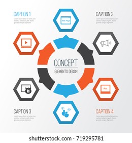 SEO Icons Set. Collection Of Media Campaign, Search Optimization, Security And Other Elements. Also Includes Symbols Such As Browser, Community, Web.