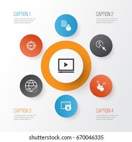 SEO Icons Set. Collection Of Security, Search Optimization, Video Player And Other Elements. Also Includes Symbols Such As Client, Per, Protected.