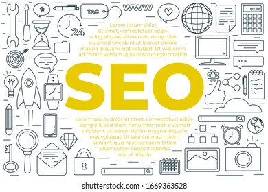 SEO icons set composition with seo text. Perfect line icons for seo, business and social media marketing