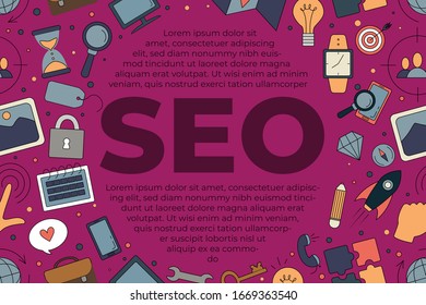 SEO icons set composition with seo text. Simple color icons for seo, business and social media marketing