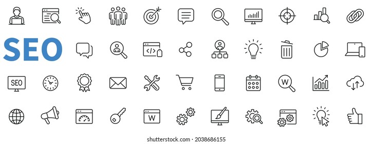 SEO icons set. Contains such icons as ranking, keywords, content, traffic, social media, external links, web design and more. Outline icons collection. Line style - stock vector.