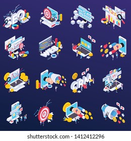 SEO icons set with content and analysis symbols isometric isolated vector illustration