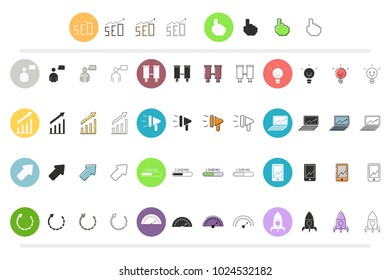 SEO icons set in different styles: thin line, flat, outline and color vector business elements for website design isolated on white background.