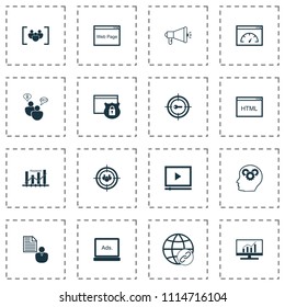 SEO icons set with display advertising, page speed, video advertising and other media campaign elements. Isolated vector illustration SEO icons.