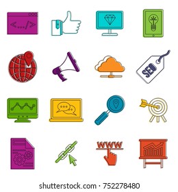 SEO icons set. Doodle illustration of vector icons isolated on white background for any web design