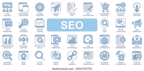 SEO icons set in duotone outline stroke design for web. Pack pictograms of team building, global solution, landing page, copywriting, e-commerce, ranking, creative service, other. Vector illustration.