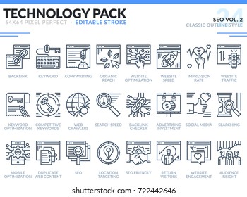 Conjunto de ícones SEO. Curso editável. Pacote de ícones de contorno de tecnologia. Ícones vetoriais de linha fina perfeitos de pixel para web design e aplicação de site.