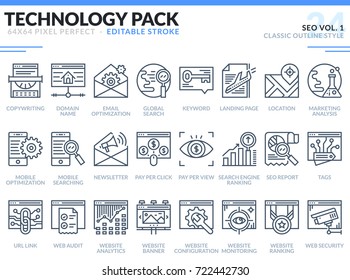 SEO Icons Set. Editable Stroke. Technology outline icons pack. Pixel perfect thin line vector icons for web design and website application.