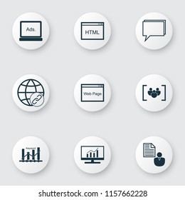 SEO icons set with focus group, keyword ranking, comprehensive analytics and other keyword optimisation elements. Isolated vector illustration SEO icons.