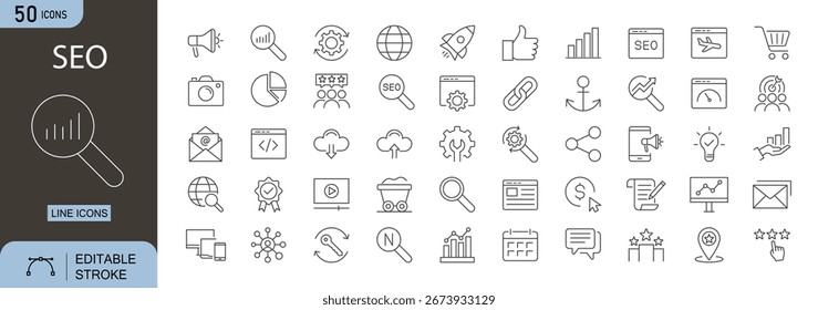 Conjunto de ícones de SEO. Inclui ícones para mecanismo de pesquisa, análise, classificação, palavras-chave, conteúdo, estratégia, site, desempenho e crescimento. Traçado editável. Ícones de linha. Perfeito para marketing digital.