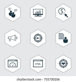 SEO Icons Set. Includes Icons Such As Keyword Marketing, Media Campaign, Market Research And Other.