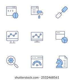 Seo icons set. Line Duotone style, editable stroke. coding, content strategy, theme, web analytics, line graph, link, internet, magnifying glass, analytics.