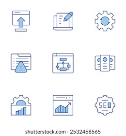 Seo ícones definidos. Estilo Duotônico de Linha, traço editável. seo, mapa do site, aviso, tráfego da Web, gráfico, laptop, interfaces, inserir, processar.