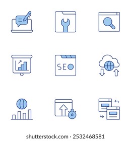 Set von Semicons. Linienduotonstil, bearbeitbarer Strich. seo, online-service, optimierung, redirect, cloud, präsentation, blogging.