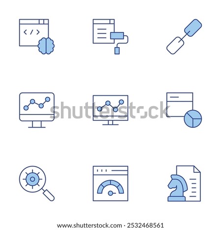 Seo icons set. Line Duotone style, editable stroke. coding, content strategy, theme, web analytics, line graph, link, internet, magnifying glass, analytics.