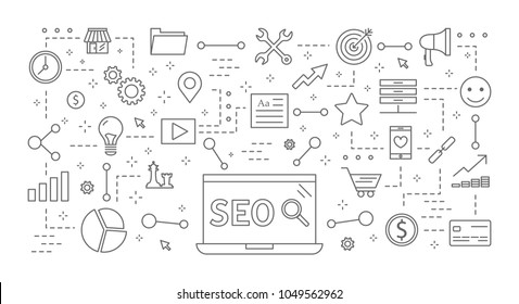 SEO icons set. Linear illustrations of seo projects.