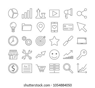 SEO icons set. Linear illustrations of seo projects.
