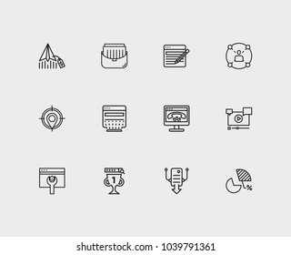 SEO icons set. SEO optimization and SEO icons with page content, portfolio and video marketing. Set of elements including organization for web app logo UI design.