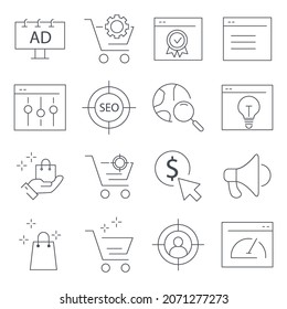 SEO-Symbole gesetzt. SEO   Paket-Symbol-Vektorelemente für Infografik-Web