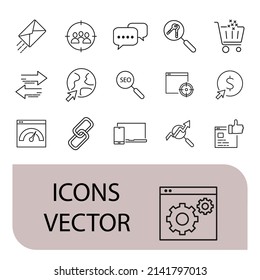 Los iconos de SEO están configurados. Símbolo de paquete SEO elementos vectoriales para web infográfica