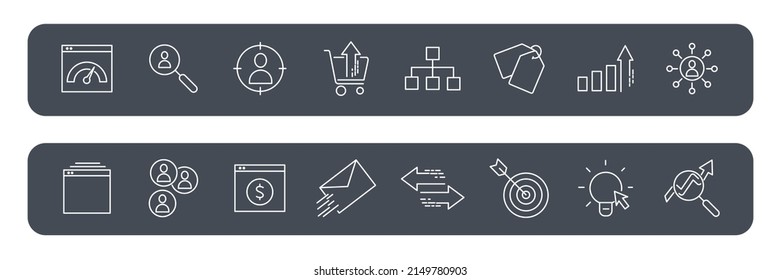 Los iconos de SEO están configurados. Símbolo de paquete SEO elementos vectoriales para web infográfica