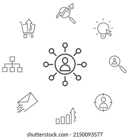 SEO-Symbole gesetzt. SEO-Paket-Symbol-Vektorelemente für Infografik-Web