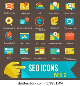 conjunto de ícones seo parte 2 Design plano moderno vetor ilustração ícones conjunto de seo website otimização e desenvolvimento de tecnologia