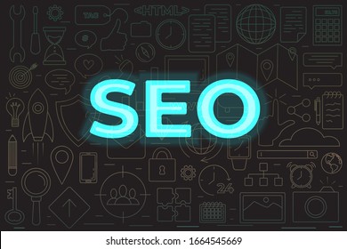 SEO icons set. Perfect line icons for seo, business and social media marketing with neon text SEO