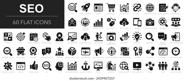 SEO icons set. Search Engine Optimization symbol collection. Search, content, analysis, traffic, link, development, optimization, - stock vector.