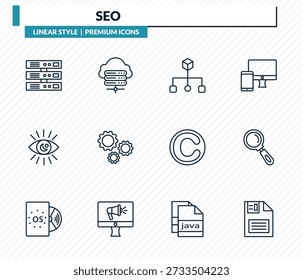 seo icons set - server, hosting, aorithm, search, floppy disk outline vector collection.