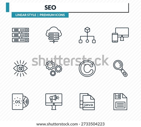 seo icons set - server, hosting, aorithm, search, floppy disk outline vector collection.