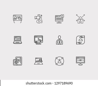 SEO icons set. Social network and SEO icons with data management, monitor performance and mobile SEO. Set of payment for web app logo UI design.