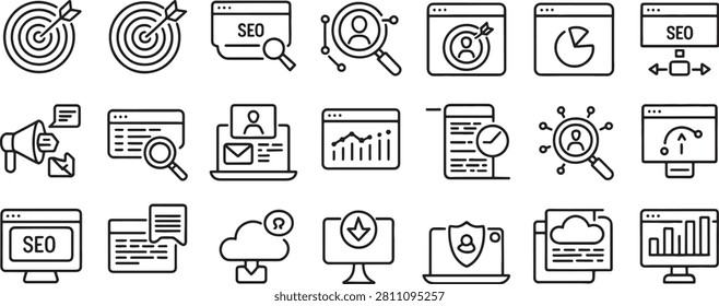 Seo Icons Set with Target, Megaphone, Magnifier, Browser, Analytics, Mail, Cloud, Shield and Charts in Vector Style