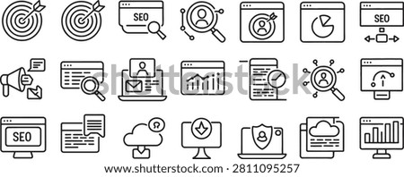 Seo Icons Set with Target, Megaphone, Magnifier, Browser, Analytics, Mail, Cloud, Shield and Charts in Vector Style