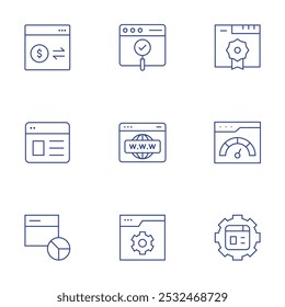 Set von Semicons. Stil der dünnen Linie, bearbeitbarer Strich. Transaktion, Benutzerfreundlichkeit, Webanalyse, Webentwicklung, Website, Validierung, Webmanagement.