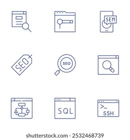 Conjunto de iconos Seo. Estilo de línea delgada, trazo editable. búsqueda, sem, seo, sql, ssh, sitemap.