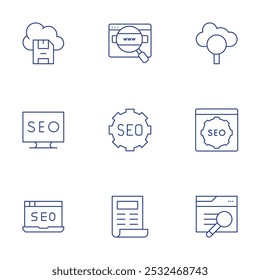 Seo icons set. Thin Line style, editable stroke. save file, search, seo, seo and web, seo report, web.